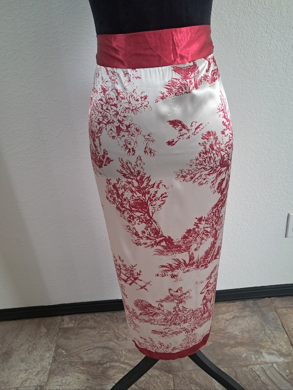 Satin Swimsuit Cover Up Wrap Vintage European Pattern Ivory Pink Tie Waist OS